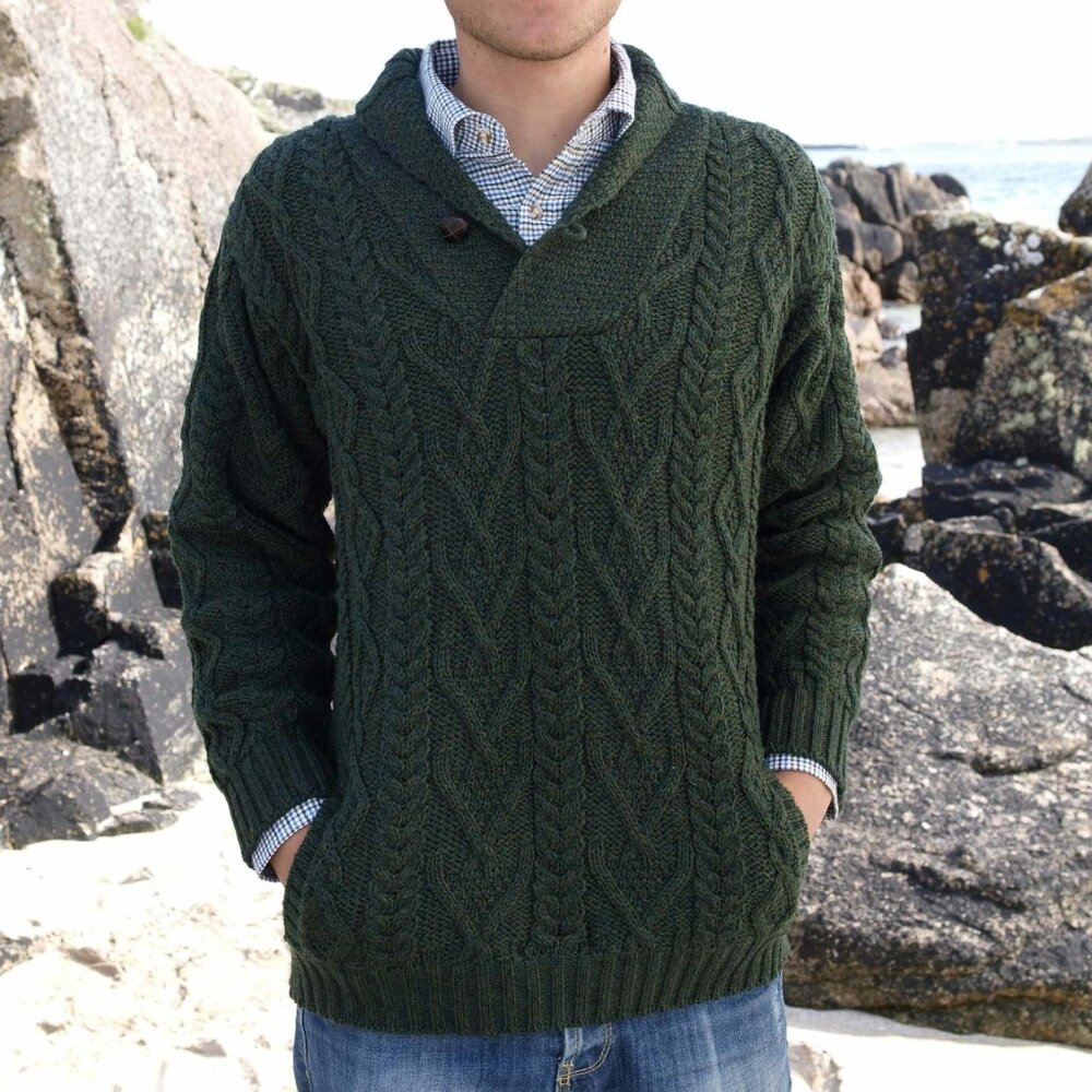 AranCrafts Green Large Shawl Collar Merino Wool Sweater